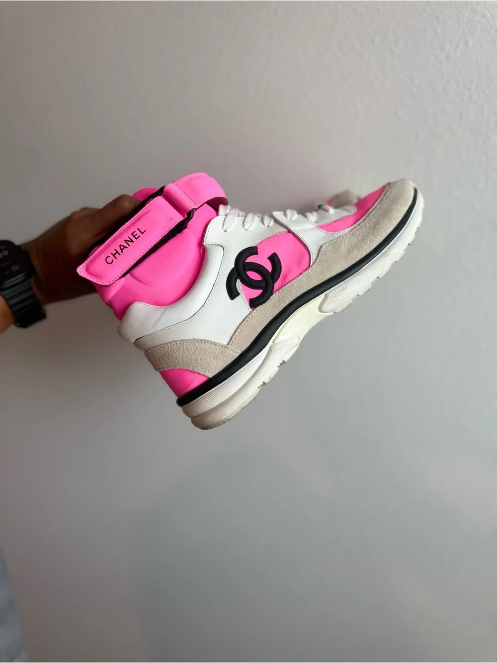 CHANEL Pink, White and Beige High-Top Sneakers